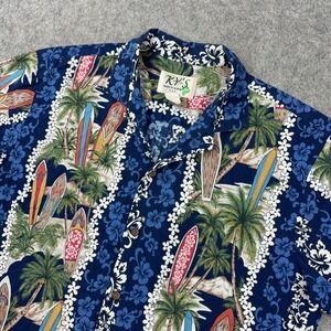 VTG KY'S Shirt Mens XL Blue Surfboard Palm Tree Hawaiian Aloha Beach USA 90s